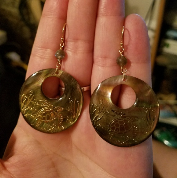 Labradorite Turtle Shell Earrings - Picture 3 of 4